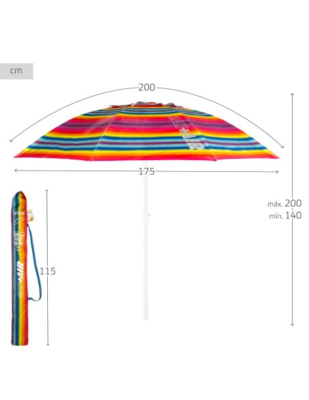 Parapluie de plage coupe-vent 8 mâts 200 cm rayures multicolores