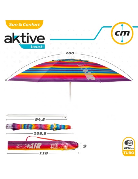 Parapluie de plage coupe-vent 8 mâts 200 cm rayures multicolores