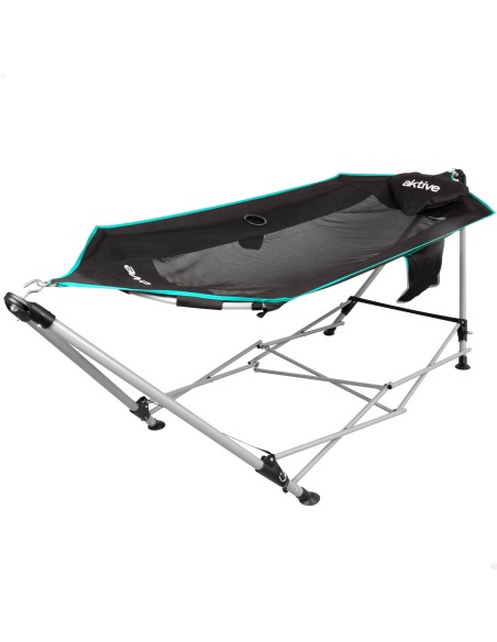 Hamac de camping pliable 265x78x80 cm noir avec porte-gobelets