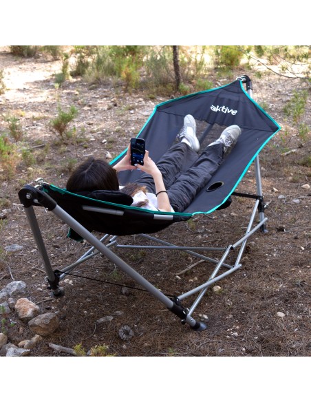 Hamac de camping pliable 265x78x80 cm noir avec porte-gobelets