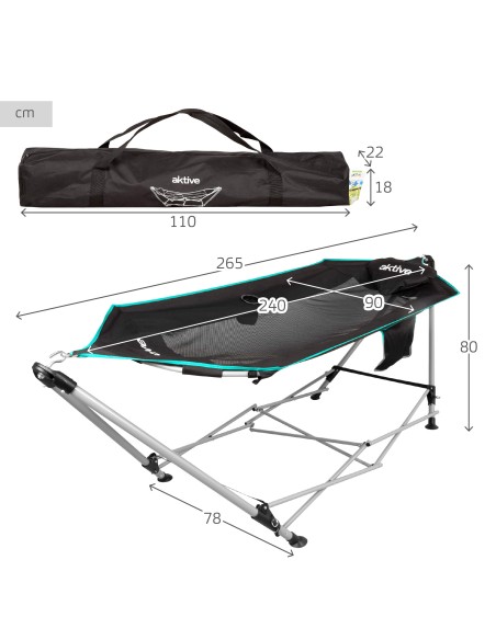 Hamac de camping pliable 265x78x80 cm noir avec porte-gobelets