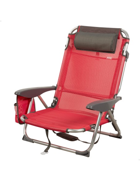 Chaise de plage basse XL multiposition 51x45x76 cm rouge avec pochette et coussin