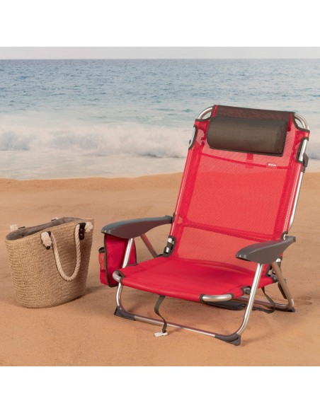Chaise de plage basse XL multiposition 51x45x76 cm rouge avec pochette et coussin