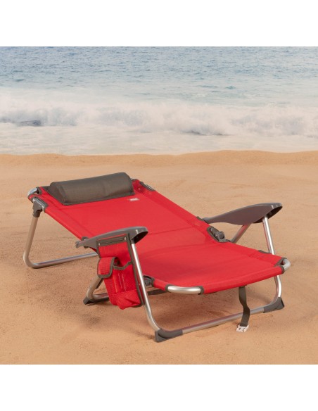 Chaise de plage basse XL multiposition 51x45x76 cm rouge avec pochette et coussin