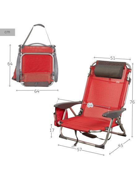 Chaise de plage basse XL multiposition 51x45x76 cm rouge avec pochette et coussin