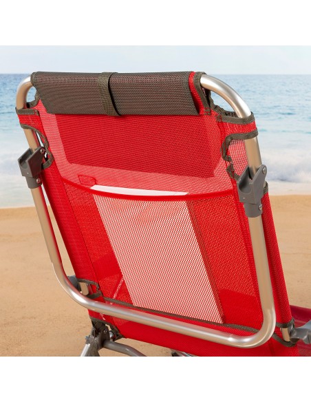 Chaise de plage basse XL multiposition 51x45x76 cm rouge avec pochette et coussin