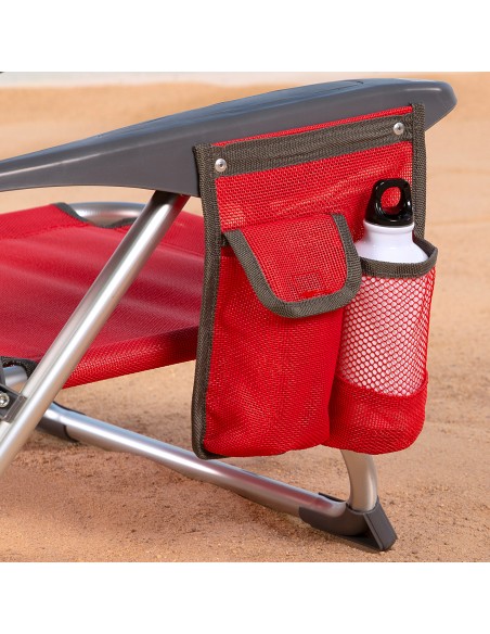 Chaise de plage basse XL multiposition 51x45x76 cm rouge avec pochette et coussin