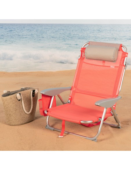 Chaise de plage basse multipositions 50x45x75 cm corail