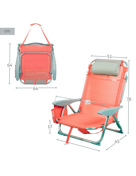 Chaise de plage basse multipositions 50x45x75 cm corail