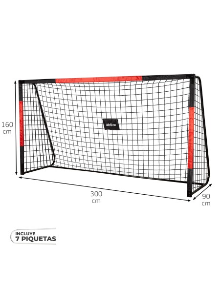 Portería de fútbol 300x90x160 cm de acero con red resistente y 7 piquetas