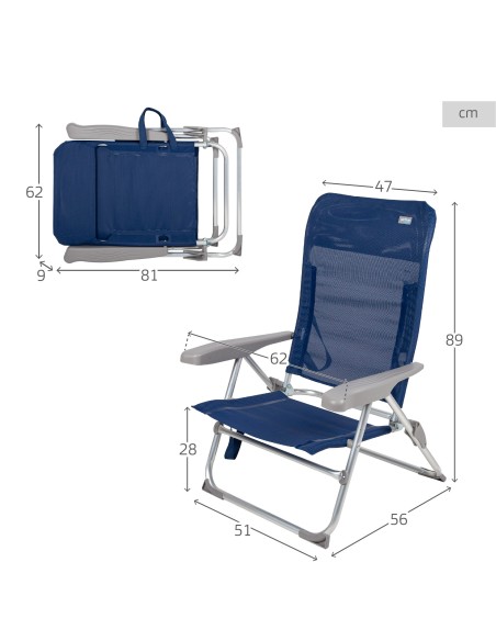 Chaise de plage pliante multipositions fine 47x56x89 cm bleue