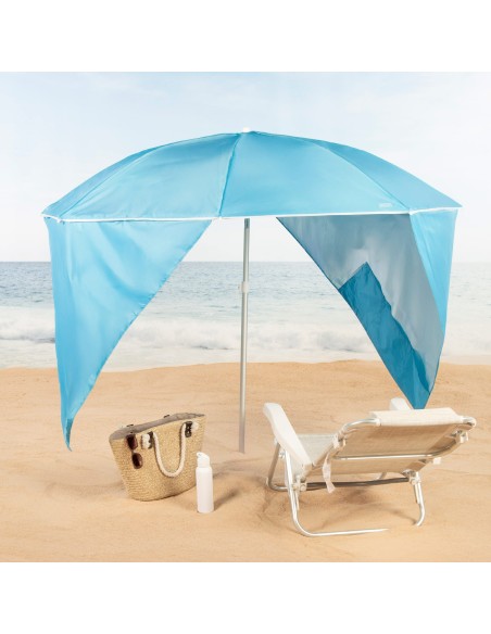 Parapluie de plage 8 tiges 200 cm bleu avec brise-vent