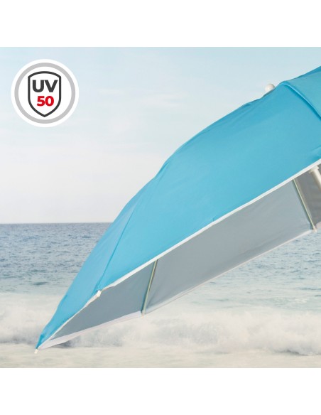Parapluie de plage 8 tiges 200 cm bleu avec brise-vent