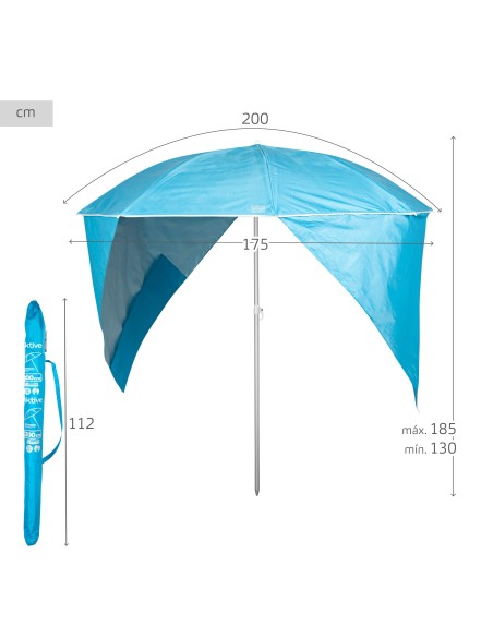 Parapluie de plage 8 tiges 200 cm bleu avec brise-vent