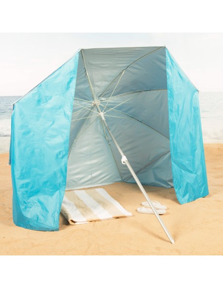 Parapluie de plage 8 tiges 200 cm bleu avec brise-vent