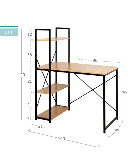 Max Home : bureau avec étagère en bois et acier, 120 x 64 x 120 cm