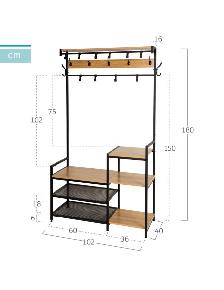 Max Home : porte-manteaux et porte-chaussures d'entrée en bois et en acier, 4 étagères, 102 x 40 x 180 cm