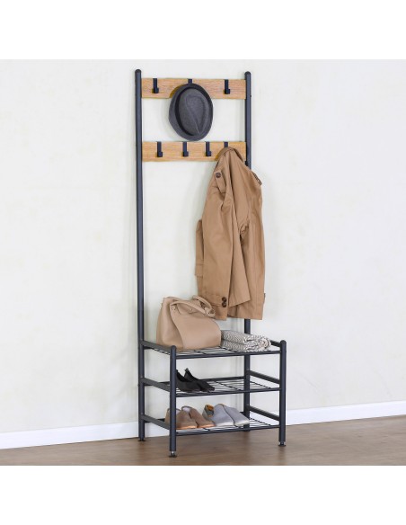 Max Home Porte-manteaux et porte-chaussures d'entrée en bois et en acier, 3 étagères métalliques, 60 x 40 x 175 cm