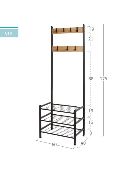 Max Home Porte-manteaux et porte-chaussures d'entrée en bois et en acier, 3 étagères métalliques, 60 x 40 x 175 cm
