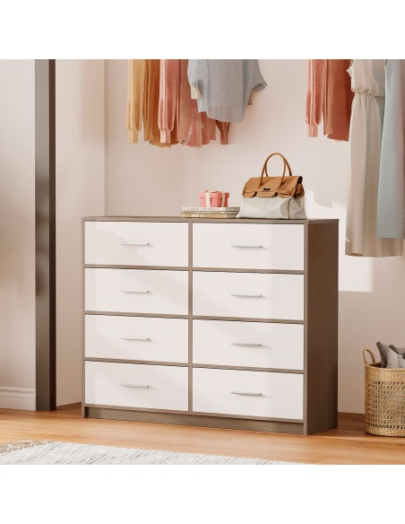 Max Home : Commode blanche et bois, 8 tiroirs en tissu, 114 x 30 x 92 cm