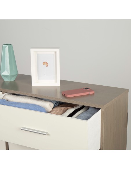 Max Home : Commode blanche et bois, 8 tiroirs en tissu, 114 x 30 x 92 cm