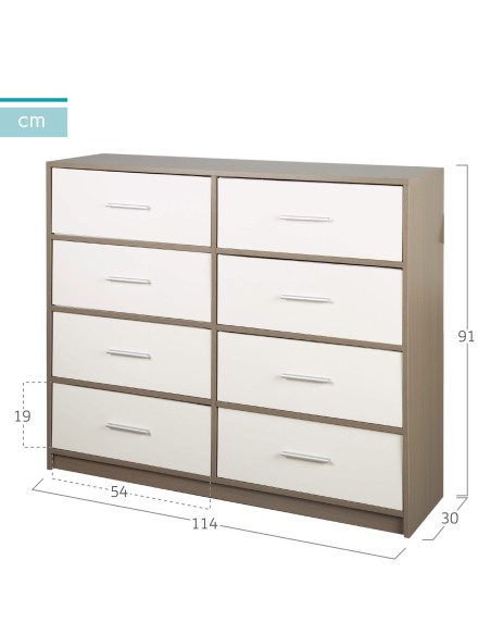 Max Home : Commode blanche et bois, 8 tiroirs en tissu, 114 x 30 x 92 cm