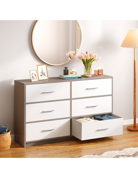 Max Home : commode blanche et bois à 6 tiroirs en tissu