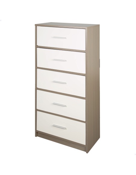 Max Home Commode blanche et bois, 5 tiroirs en tissu, 58 x 30 x 112 cm