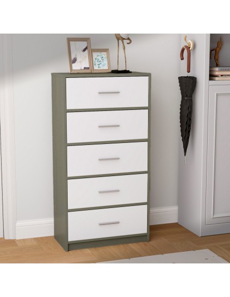 Max Home Commode blanche et bois, 5 tiroirs en tissu, 58 x 30 x 112 cm