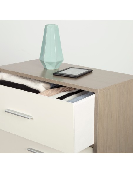 Max Home Commode blanche et bois, 5 tiroirs en tissu, 58 x 30 x 112 cm
