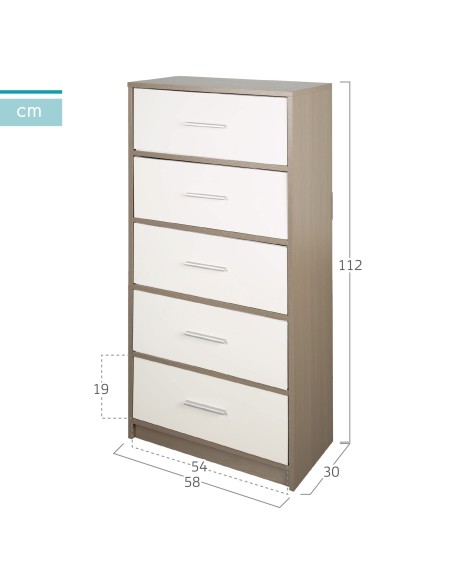 Max Home Commode blanche et bois, 5 tiroirs en tissu, 58 x 30 x 112 cm