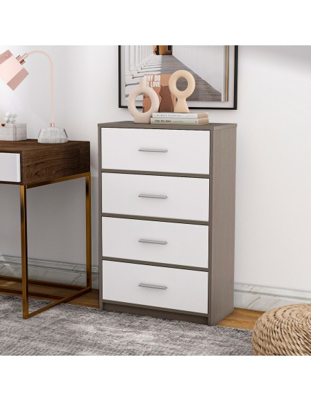 Max Home Commode blanche et bois, 4 tiroirs en tissu, 58 x 30 x 91 cm