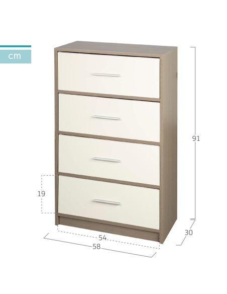 Max Home Commode blanche et bois, 4 tiroirs en tissu, 58 x 30 x 91 cm
