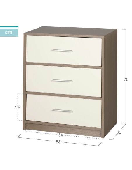 Max Home Table de chevet blanche et bois, 3 tiroirs en tissu, 58 x 30 x 70 cm