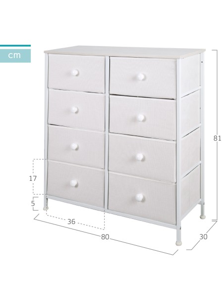 Commode blanche Max Home à 8 tiroirs en tissu, 80 x 30 x 81 cm