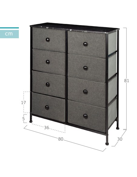 Max Home Commode noire effet marbre, 8 tiroirs en tissu, 80 x 30 x 81 cm