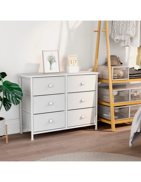 Commode blanche Max Home à 6 tiroirs en tissu, 80 x 30 x 62 cm