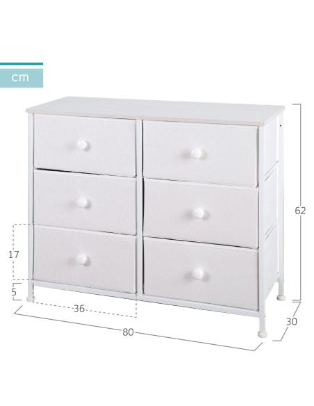 Commode blanche Max Home à 6 tiroirs en tissu, 80 x 30 x 62 cm