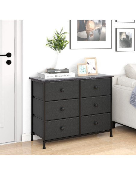 Max Home Commode noire effet marbre, 6 tiroirs en tissu, 80 x 30 x 62 cm