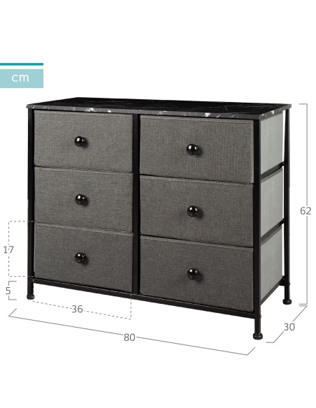 Max Home Commode noire effet marbre, 6 tiroirs en tissu, 80 x 30 x 62 cm