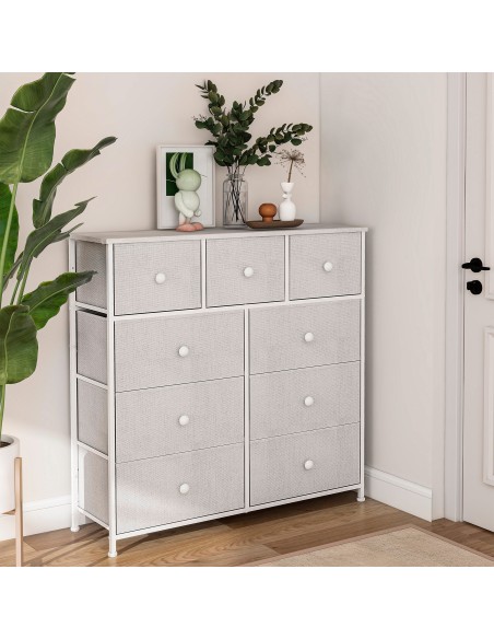 Commode blanche Max Home à 9 tiroirs en tissu, 100 x 30 x 100 cm