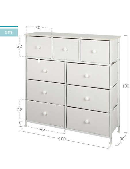 Commode blanche Max Home à 9 tiroirs en tissu, 100 x 30 x 100 cm