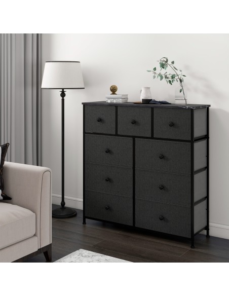 Max Home : Commode noire effet marbre, 9 tiroirs en tissu, 100 x 30 x 100 cm