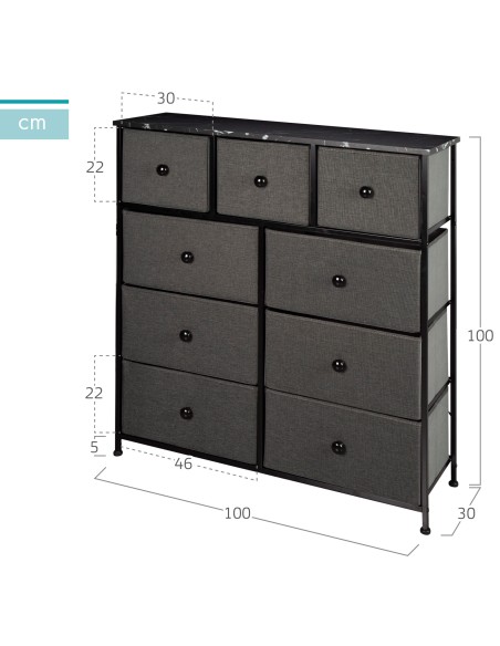 Max Home : Commode noire effet marbre, 9 tiroirs en tissu, 100 x 30 x 100 cm