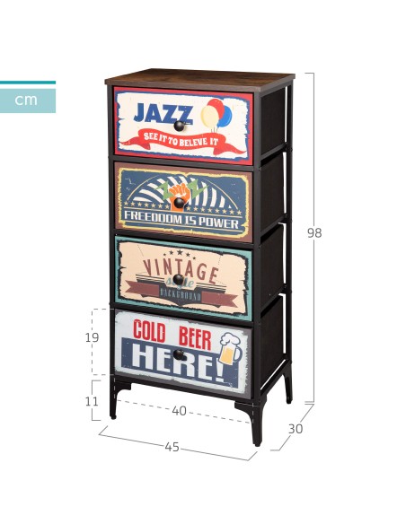 Max Home : Commode vintage à 4 tiroirs en tissu, style rétro, 45 x 30 x 98 cm