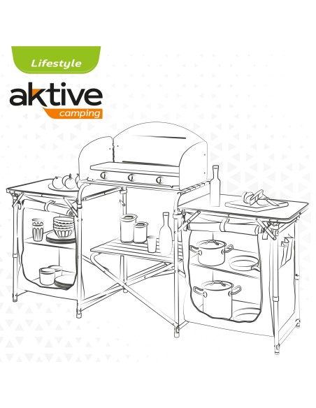 Mobilier de cuisine de camping pliant avec brise-vent + 2 compartiments