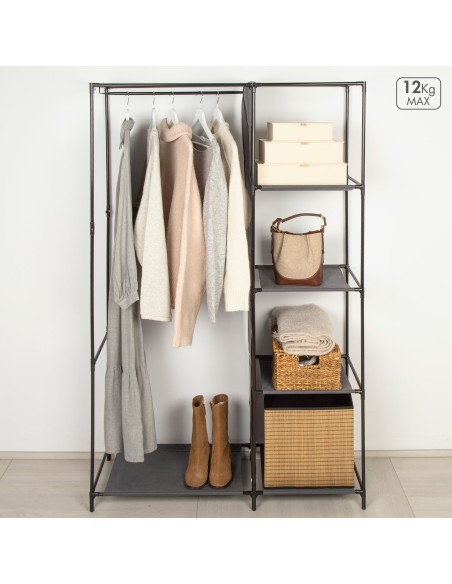 Max Home Armoire en tissu, 4 étagères, 1 tringle, 105 x 44 x 160 cm, grise