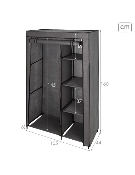 Max Home Armoire en tissu, 4 étagères, 1 tringle, 105 x 44 x 160 cm, grise