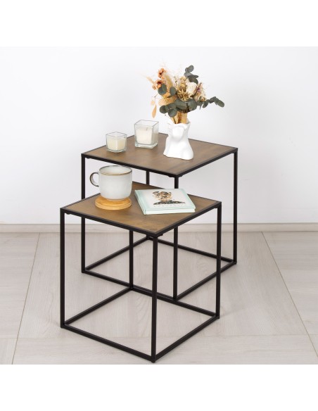 Ensemble Max Home : 2 tables d'appoint en métal et bois, 37 x 37 x 40 cm et 33 x 33 x 35 cm