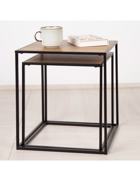 Ensemble Max Home : 2 tables d'appoint en métal et bois, 37 x 37 x 40 cm et 33 x 33 x 35 cm